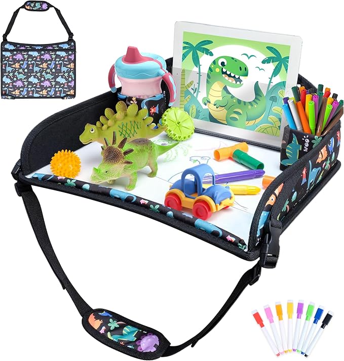 Kids Travel Tray for Toddler Carseat, Road Trip Activities Essentials for Toddler, Kids Travel Lap Desk Tray with Holder Stand ＆ Dry Erase Board (Dinosaur)