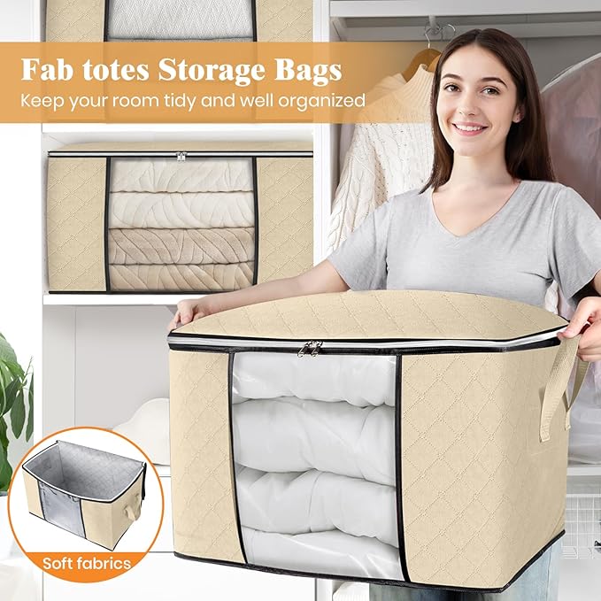 Fab totes 24 Gallons Clothes Storage, Foldable Thick Fabric Blanket Storage Bags, Containers for Organizing Bedroom, Closet, 