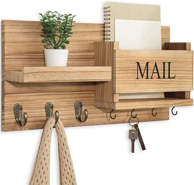 Lwenki Mail Organizer for Wall Mount – Key Holder with Shelf Includes Letter Holder and Hooks for Hallway Farmhouse Decor – R