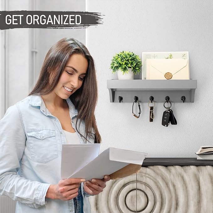 Rebee Vision Decorative Key Holder for Wall - Modern Farmhouse Wall Mount Mail Organizer Keys Hanger with Floating Shelf, 5 R