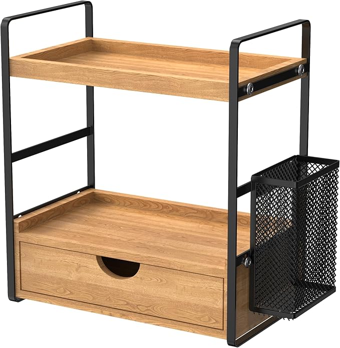 LEMIKKLE Bathroom Counter Organizer with Drawer and Basket,Wood Countertop Organizer for Bathroom Decor Makeup Tray for Perfu