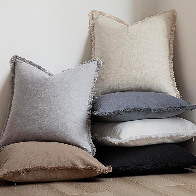 Foindtower Set of 2 Decorative Linen Fringe Throw Pillow Covers Cozy Farmhouse Cushion Cover with Tassels Accent Pillowcase f
