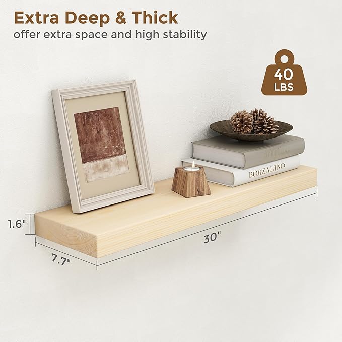 Marsmiles 30 Inch Floating Shelves for Wall - Natural Unfinished Wood Floating Shelves Set of 2-30 Inch Wide x 7.7 Inch Deep 