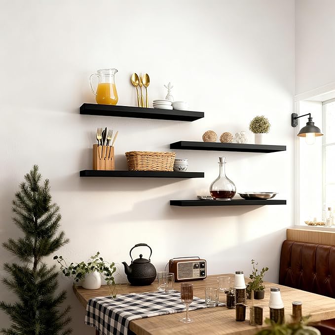 ROGMARS Black Floating Shelves for Wall 36 inch,Rustic Solid Wood Farmhouse Wooden Floating Wall Shelves with Invisible Brack