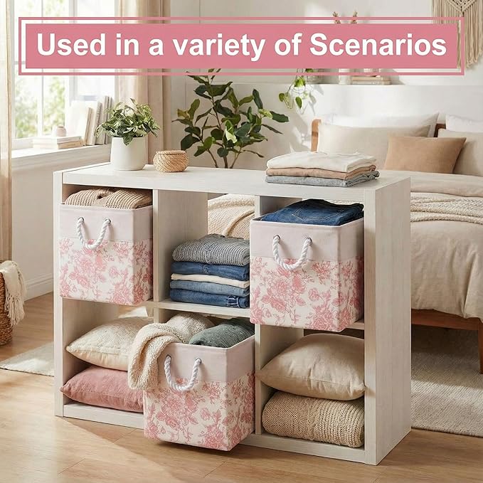 LemonRoad 6 Pcs Pink Floral Cube Storage Bins 11.22 Inch Square Storage Basket with Handle, Preppy Girls Organizer Basket, Co