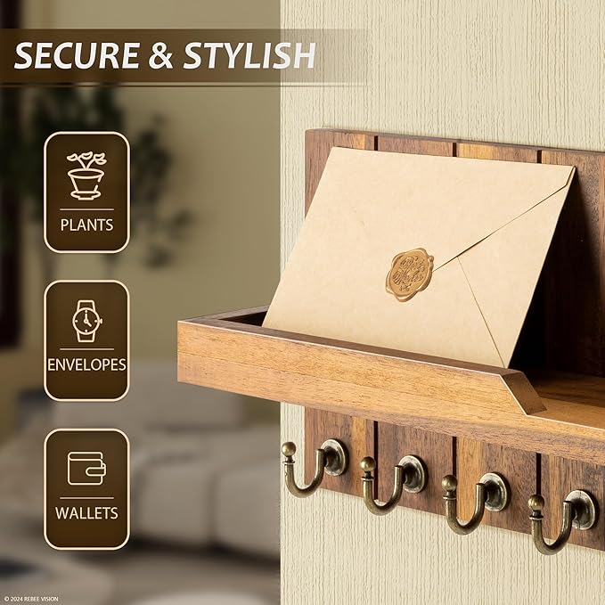 Rebee Vision Acacia Wood Key Holder Wall Mount for Home Decor - Key Holder for Wall with Floating Shelf for Hanging Coats & H