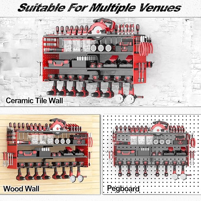 Power Tool Organizer Wall Mount, Cordless Drill Hanger Storage Rack 8 Drill Holder, 4 Layer Heavy Metal Large Capacity Tool R