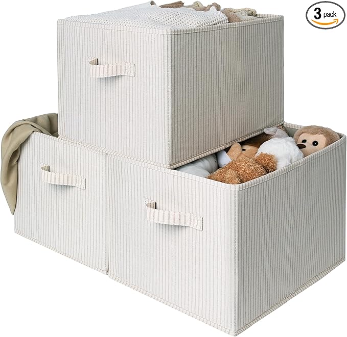 StorageWorks Foldable Shelf Organizer Bins, Closet Storage Baskets for Clothes, Storage Bins for Organization, Beige Stripes,