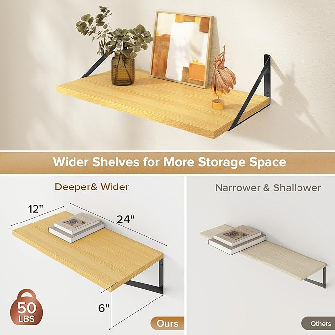 Deep Floating Shelves Wall Mounted, 24"x12" Oak Wall Shelves with Brackets Set of 2 for Bedroom, Living Room, Bathroom, Kitch