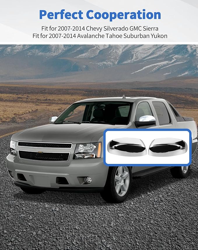 Rearview Mirror Half Caps Covers Compatible with 2007-2014 Chevy Silverado GMC Sierra Avalanche Tahoe Suburban Yukon Escalade ESV Left Right Side View Upper Mirror Cover Caps, Chrome