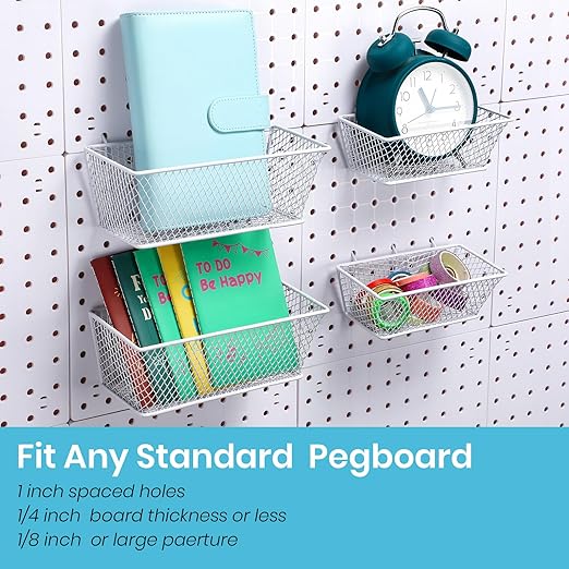 Sieral 4 Pcs Pegboard Baskets Metal Wire Shelf Baskets Peg Board Organizer Accessories Wall Mount Organizer Attachments for G