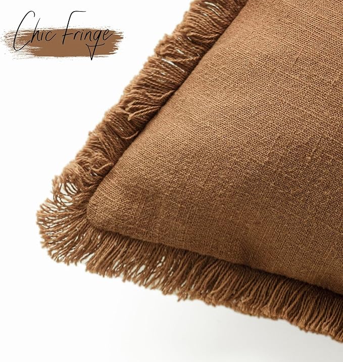 Foindtower Set of 2 Decorative Linen Fringe Throw Pillow Covers Cozy Boho Farmhouse Cushion Cover with Tassels Soft Accent Pi