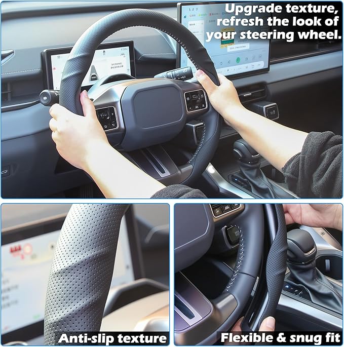 Leather Steering Wheel Cover – 14.5-15 in Universal Black, Perforated Breathable Grip, Anti-Slip Sport Ridge Pattern, Odor-Free Car Interior Upgrade for Cars Trucks SUVs