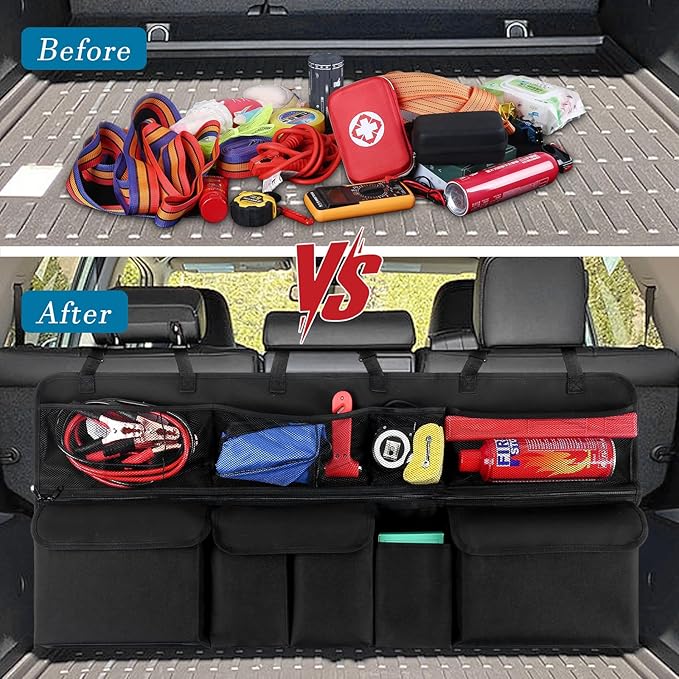 Car Trunk Organizer, Upgraded Version Expand Space Hanging Trunk Organizer with Adjustable Straps, Collapsible Waterproof Suv T