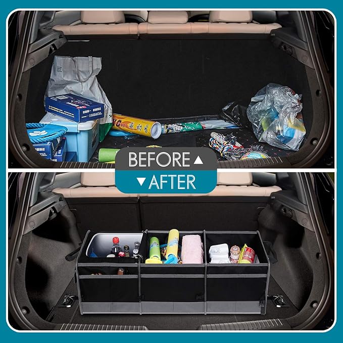 Trunk Organizer with Cooler, Collapsible Trunk Storage Container with Non Slip Bottom Strips, Large Multi-Compartment Waterproo