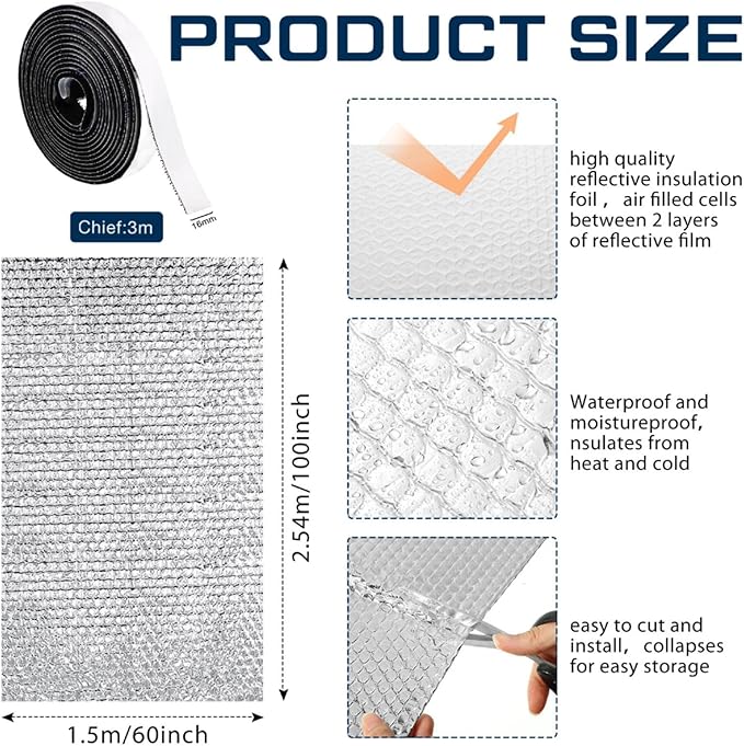 Frienda Rv Window Reflective Insulation Roll 59inch*8.3ft Double Aluminum Foil Heat Bubble Thermal Window Shade Door Cover Blackout for Garage Roof Travel Camper Skylight Shield