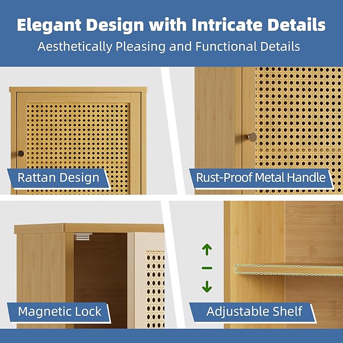 HITNET Bathroom Wall Cabinet, Rattan Medicine Cabinet, Bamboo Hanging Storage Organizer Over The Toilet with Adjustable Shelf