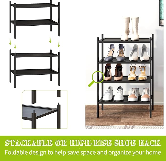 BMOSU 2-Tier Bamboo Small Shoe Rack Premium Stackable Shoe Shelf Storage Organizer for Hallway Closet Living Room Entryway Or