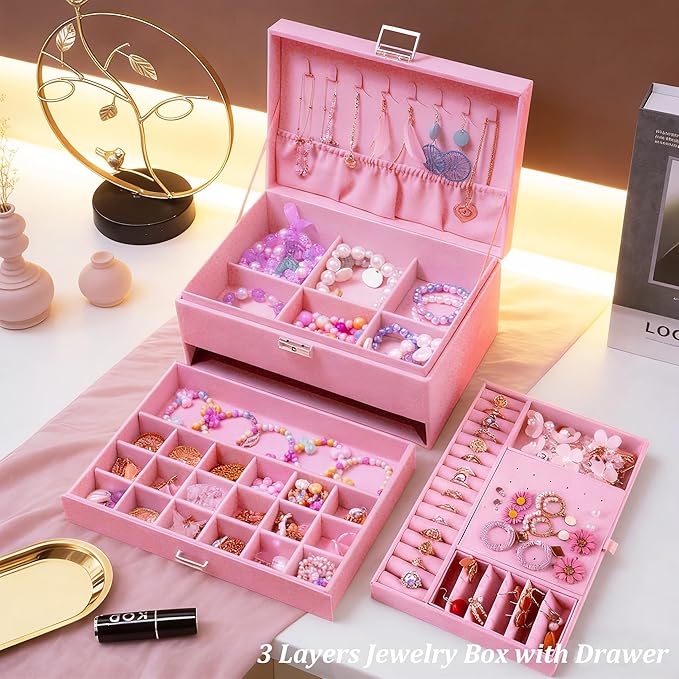 QBestry 3-Layer Jewelry Box for Girls & Teens with Lock and Key, Large Jewelry Organizer with 8 Necklace Hooks & 56 Earring H