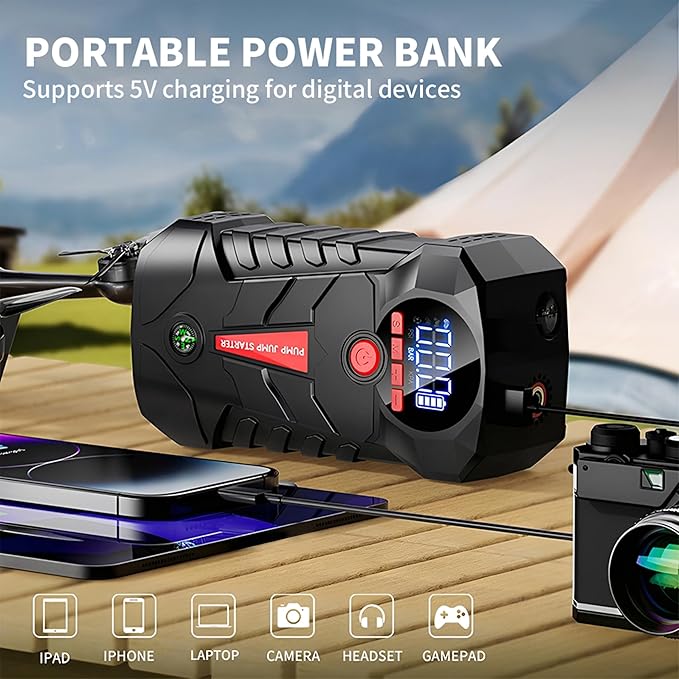 Jump Starter with Air Compressor, 4000A Portable Car Battery Booster, 4-in-1 Car Battery Jump Starter Box (8.5L Gas/6L