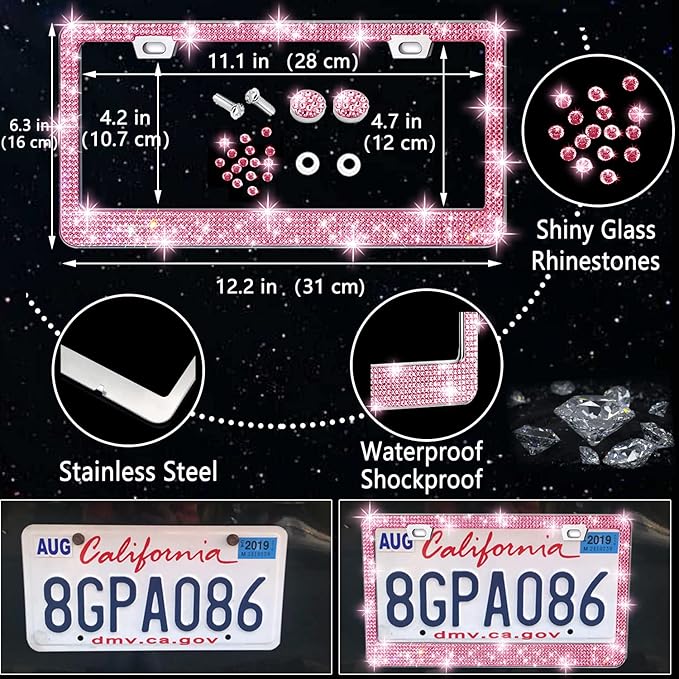 NBTEPEM 27-Piece Bling Car Accessories Set - Universal Fit Steering Wheel Covers, License Plate Frames, Phone Holder, Car Fast Charger, Coasters (Pink)