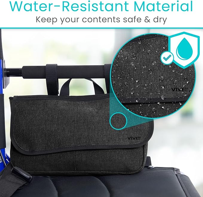 Vive Wheelchair Carry Bag - Arm Rest Pouch for Rollator, Walkers, Power Wheel Chairs and Knee Scooters - Side Storage Organiz