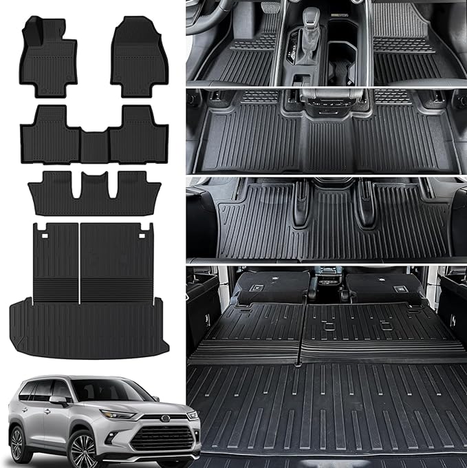 Floor Mats Cargo Mat with Backrest Mat for 2024 2025 2026 Toyota Grand Highlander 7 Seat Car Mat Accessories, All Weather TPE Cargo Liner Trunk Mat (Grand Highlander-Full Set)