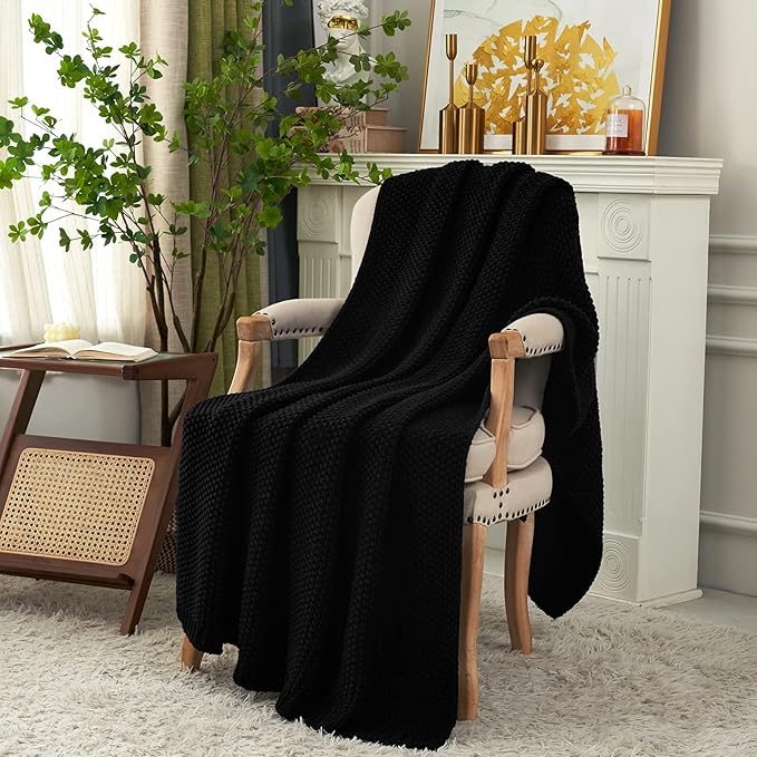 Chunky Cable Knit Throw Blanket Lightweight Black 100% Organic Cotton Blanket for Sofa Couch Bed Baby Nursery, Rustic Shabby 