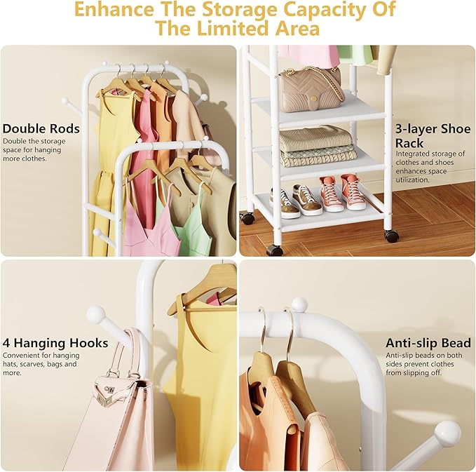 Furologee Portable Clothes Rack for Hanging Clothes, Rolling Clothing Rack With 3-Tier Shelves, Small Garment Rack with Wheel