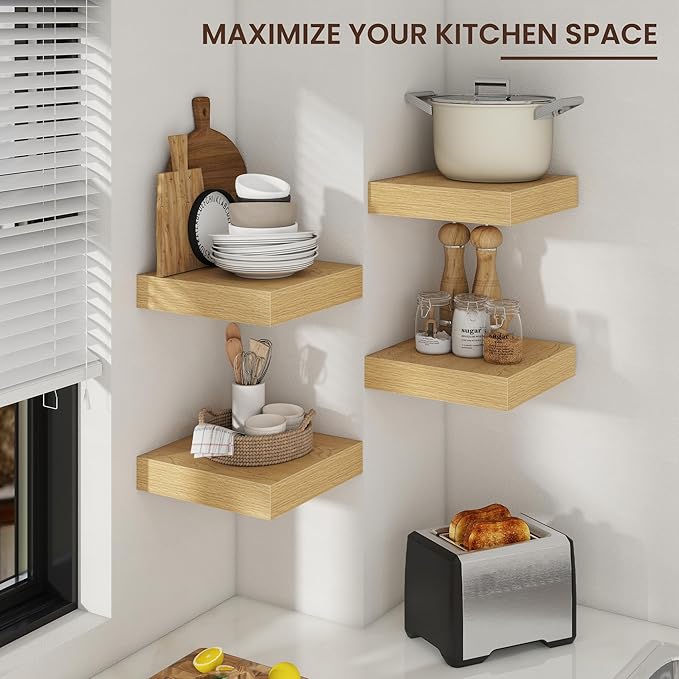 Square Floating Shelves for Wall, 12" W x 12" D x 2" H, 2 Pack of Small Wall Mounted Engineered Wood Shelves with Invisible B
