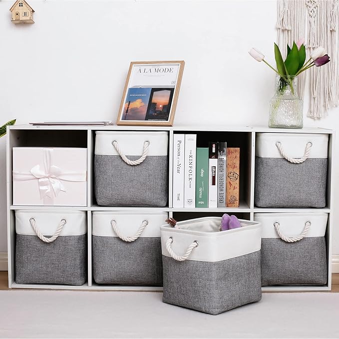 MidmmVick 11 x 11 Inch Cube Storage Bins, 6 Pack Large Collapsible Fabric Storage Bin with Ropes, Foldable Storage Cubes for 