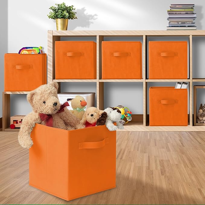 Casafield Set of 6 Collapsible Fabric Cube Storage Bins, Orange - 11" Foldable Cloth Baskets for Shelves, Cubby Organizers & 