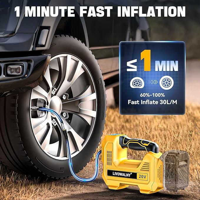 Cordless Tire Inflator Air Compressor Compatible With Dewalt 20V Battery, LIVOWALNY Portable Handheld Air Pump with Digital Pressure Gauge for Cars Motorcycles Bikes Sport Balls (No Battery)