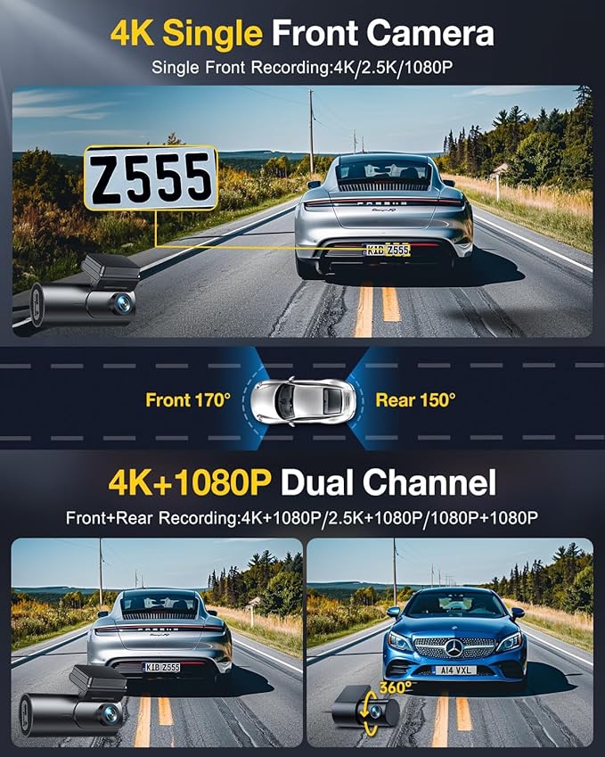 GKU Dash Cam Front and Rear Camera,4K+1080P, 5.8GHz WiFi & GPS Dash Camera for Cars,with 64G SD Card,1.47" Display Dashcam, 2