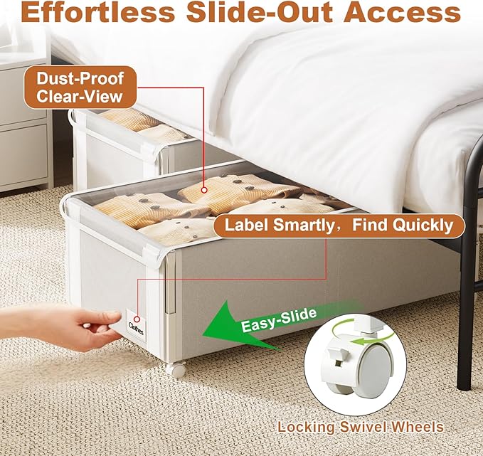 2Pack Under Bed Storage with Wheels,9.5"-12"Tall Adjustable Height Underbed Storage,Deep Under Bed Storage Containers,Rolling