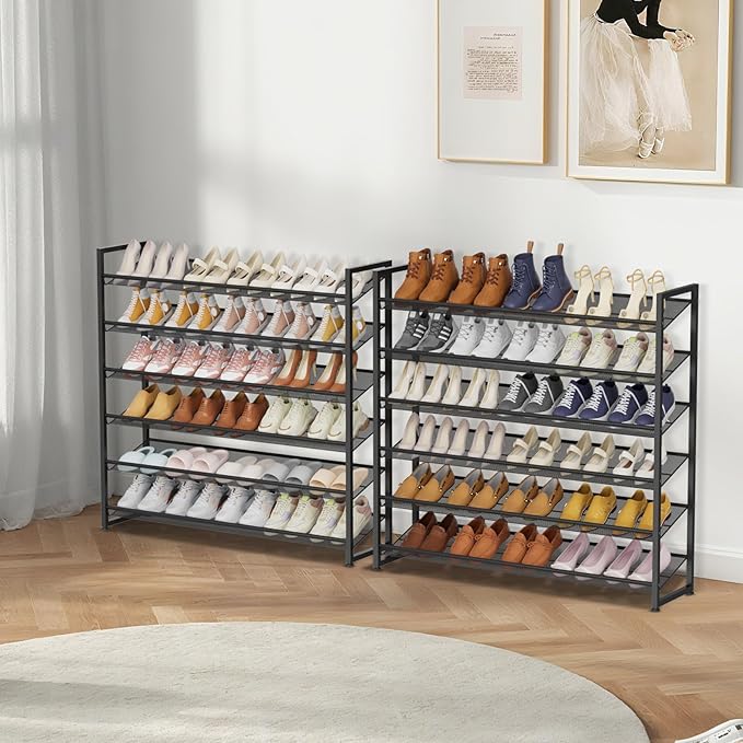 Large Shoe Rack 12 Tier Shoe Organizer, Heavy Duty Metal 6-Tier Stackable Shoe Storage Vertical Shoe Rack for Closet Front Do