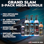 Grand Slam 5-Pack - Waterless Car Wash Detailing Spray, Tire Shine Gel, Scratch Remover, Wheel Metal Rust Cleaner, Interior C