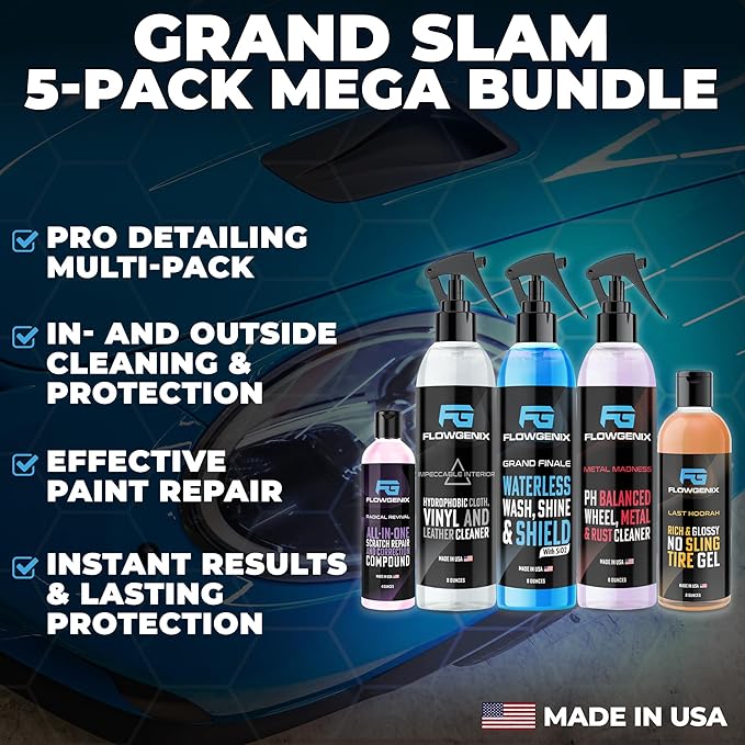Grand Slam 5-Pack - Waterless Car Wash Detailing Spray, Tire Shine Gel, Scratch Remover, Wheel Metal Rust Cleaner, Interior C
