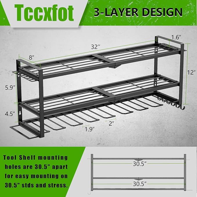 Power Tool Organizer - 3 Layer 8 Drill Holder Wall Mount, Storage Rack for Garage Organization, Large Tool Shelf, Gifts for H