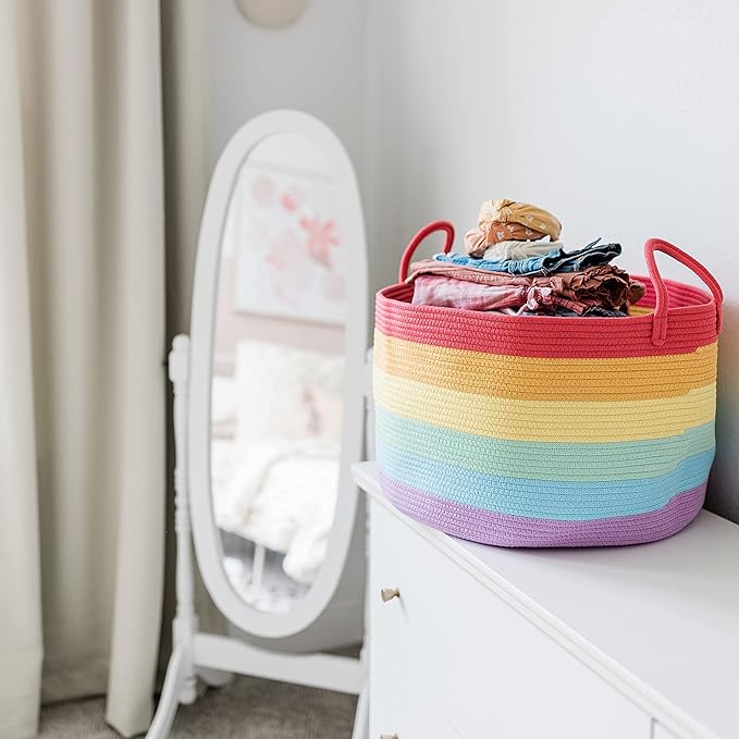 OrganiHaus Rainbow Blanket Basket for Classroom & Nursery, Extra Large Woven Laundry Basket w/Handles, Kids Toy Organizer & S