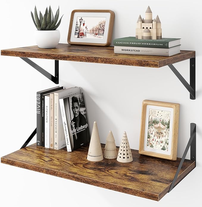 Deep Floating Shelves Wall Mounted, 24"x12" Brown Wood Shelves with Brackets Set of 2 for Bedroom, Living Room, Bathroom, Kit