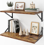 Deep Floating Shelves Wall Mounted, 24"x12" Brown Wood Shelves with Brackets Set of 2 for Bedroom, Living Room, Bathroom, Kit