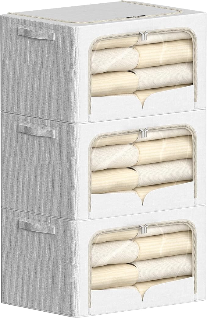 FHSQX 3 Pack Clothes Storage Bins Foldable Metal Frame Storage Box Stackable Linen Fabric Container Organizer Set with Carryi