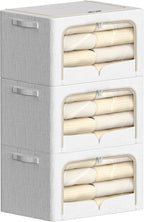 FHSQX 3 Pack Clothes Storage Bins Foldable Metal Frame Storage Box Stackable Linen Fabric Container Organizer Set with Carryi