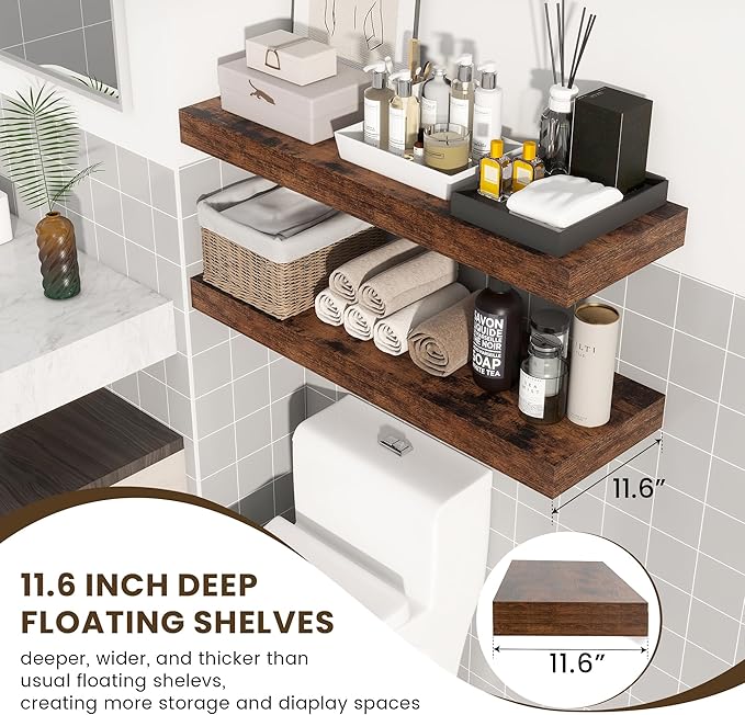 Deep Floating Shelves | 36 Inch Brown Floating Shelves Set of 2 | 12 Inch Deep Rustic Wood Shelves for Wall | 36" W x 12" D B