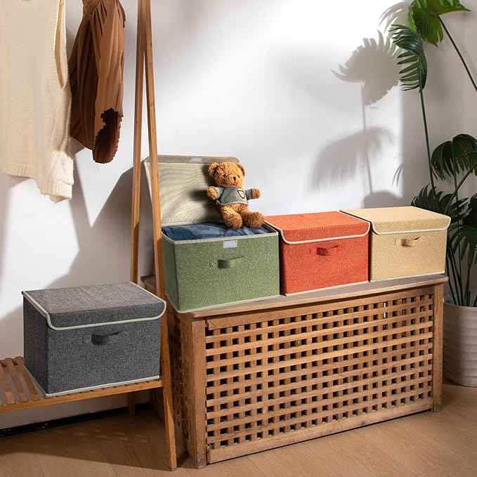 Storage Bins with Lid, Foldable Clothing Storage Box case with Handle for Books, Closet, Bedroom, Home, 4 Color Set A, 15L x 
