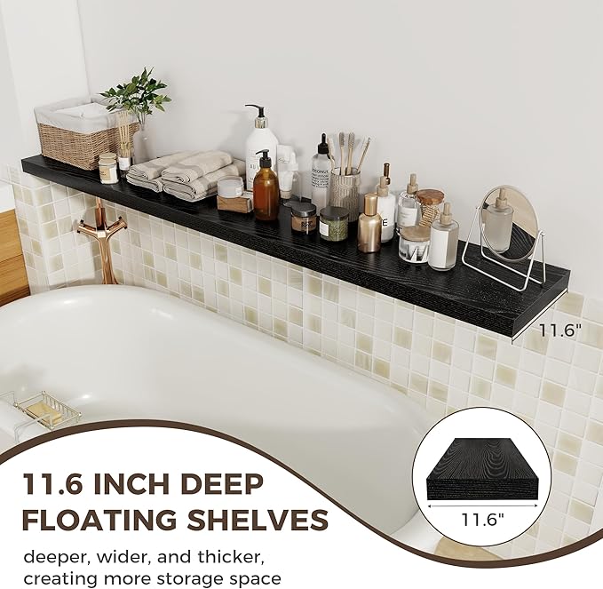 Fun Memories Black Deep Floating Shelves, 72 x 12 Inch Long Wall Shelves, Large Display Shelf & Storage Shelf, Wood Floating 