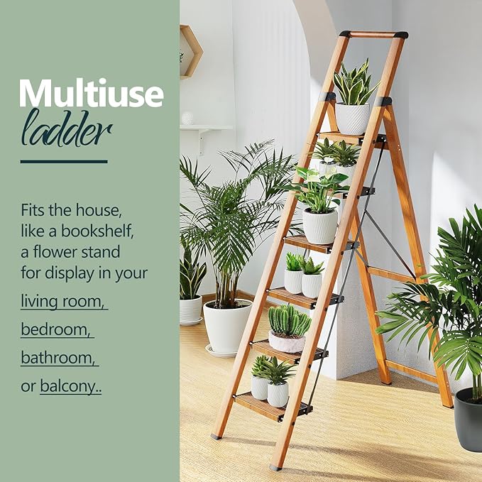 WOA WOA 6 Step Ladder, Folding Ladder with Handrails for High Ceilings, Indoor Tall Ladders with Wide Pedals, Lightweight Alu