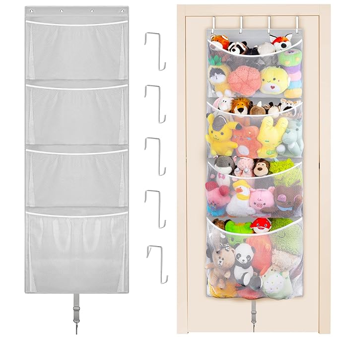 Woodoulogy Hanging Stuffed Animal Storage, Over Door Large Plush Toy Organizer with Metal Hook, Baby Accessory Holder Idea fo