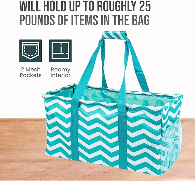 Extra Large Utility Tote Bag - Oversized Collapsible Reusable Wire Frame Rectangular Canvas Basket With Two Exterior Pockets For Beach, Pool, Laundry, Car Trunk, Storage - Chevron Teal